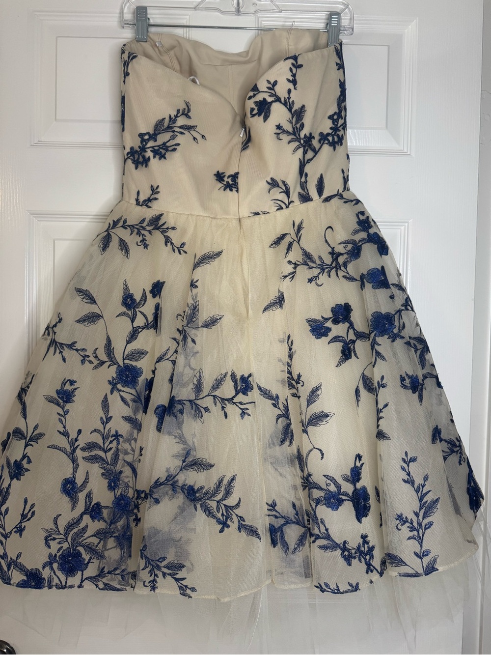 Marchesa NotteStrapless Floral Dress in Cream Tulle with Blue Embroidery - Picture 7 of 10